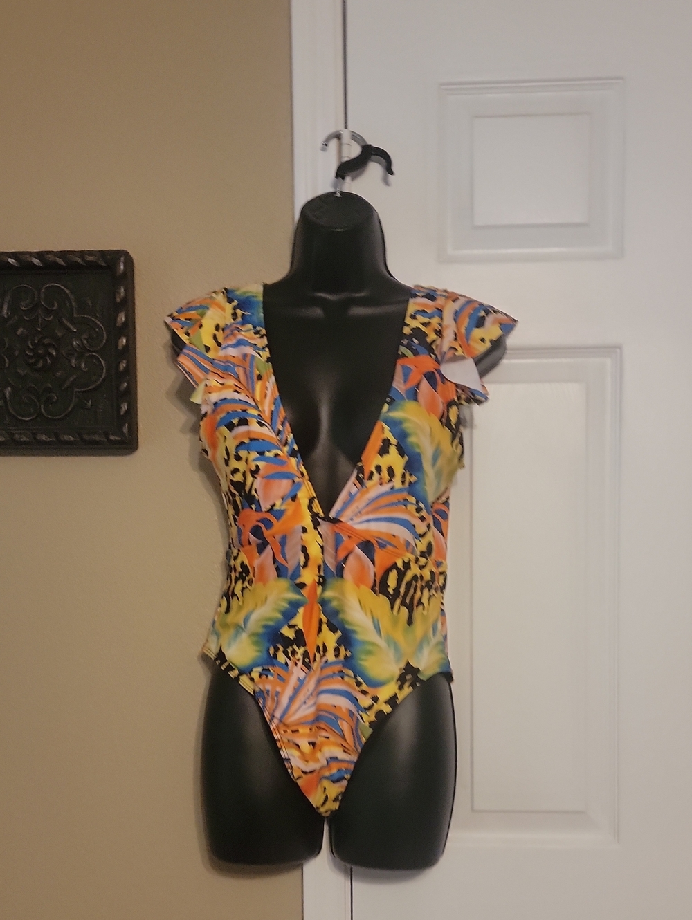 Women’s Tropical Print V-Neck Ruffled Sleeve Bodysuit - Yellow Multi